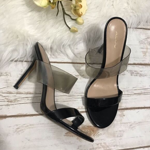 Aldo Black Patent Strap Black Clear Strap Heels Shoes Size 8.5 stiletto - Picture 1 of 11